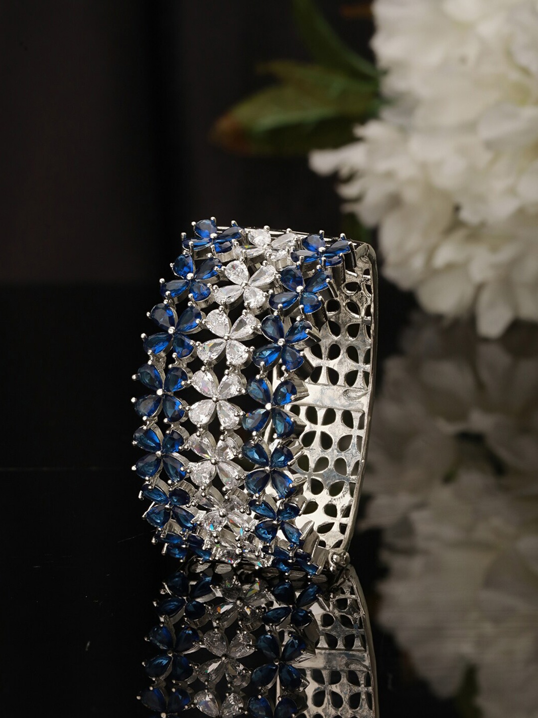 

Saraf RS Jewellery Silver-Plated Blue Sapphire AD Studded Bridal Kada Bracelet