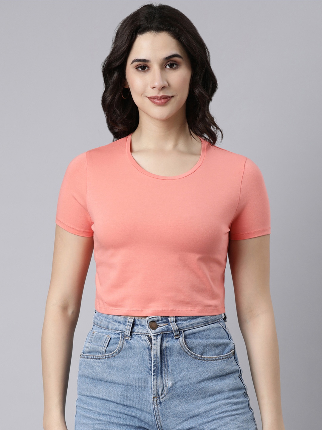 

TWIN BIRDS Round Neck Cotton Crop Top, Orange