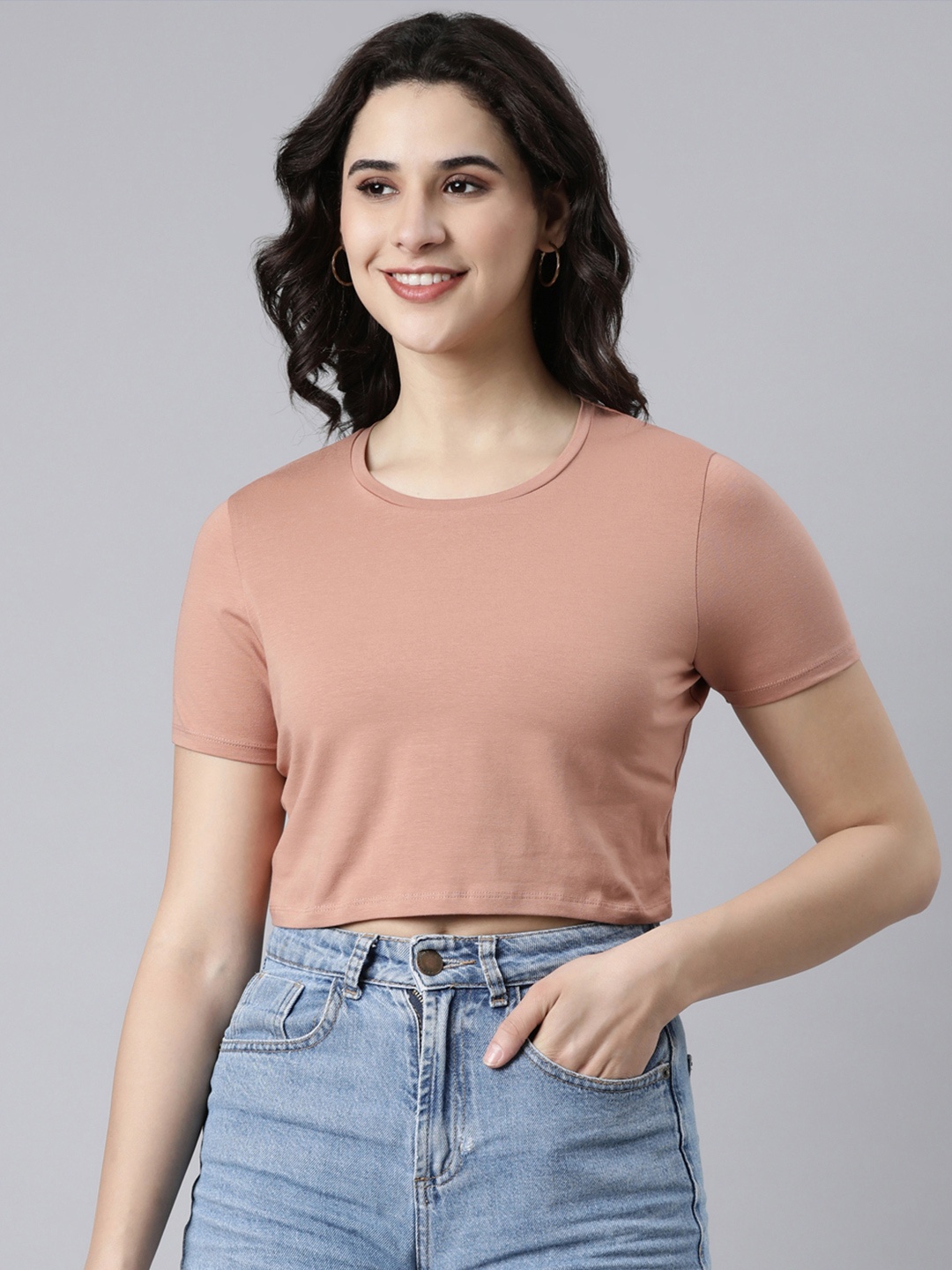 

TWIN BIRDS Round Neck Cotton Crop Top, Peach