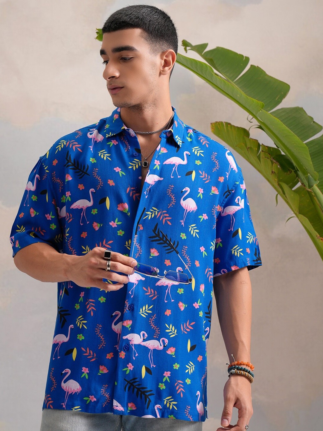 

KETCH Printed Spread Collar Short Sleeves Oversized Casual Shirt, Blue