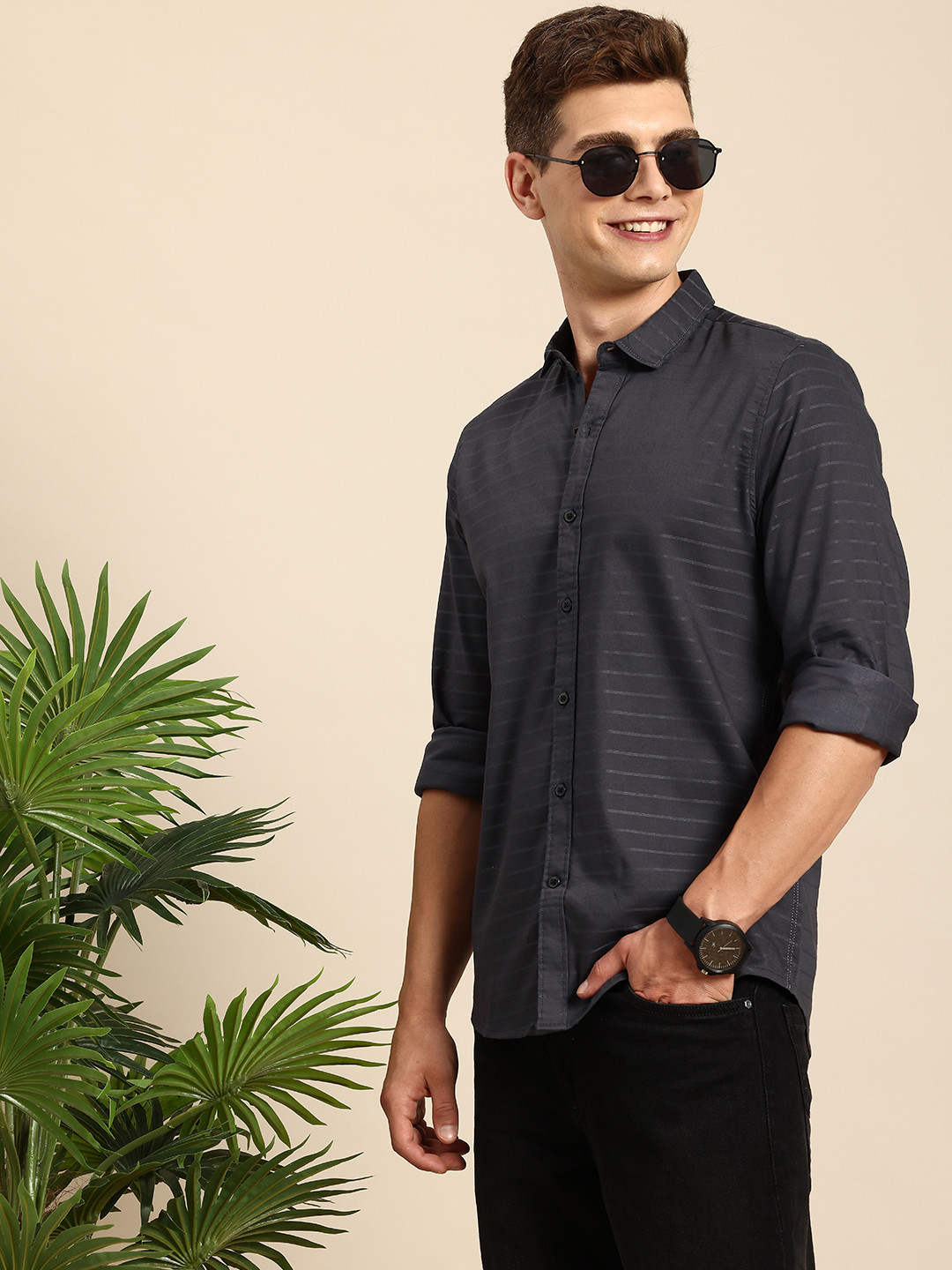 

Mast & Harbour Men Horizontal Striped Casual Shirt, Grey