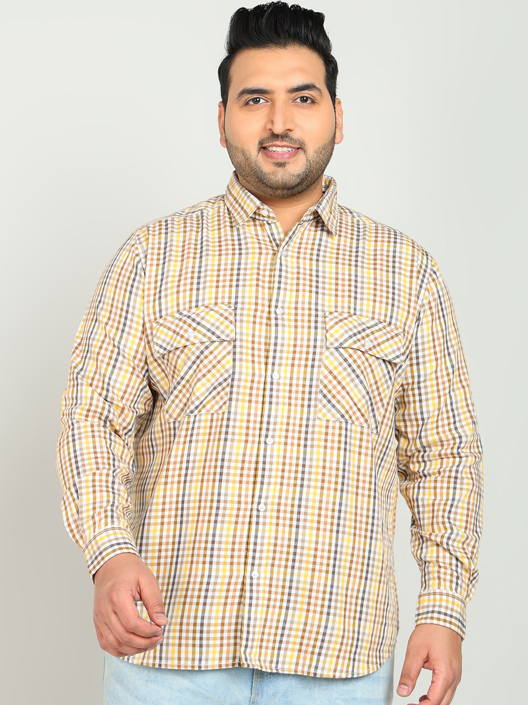 

IVOC Plus Tartan Checked Spread Collar Casual Shirt, Beige