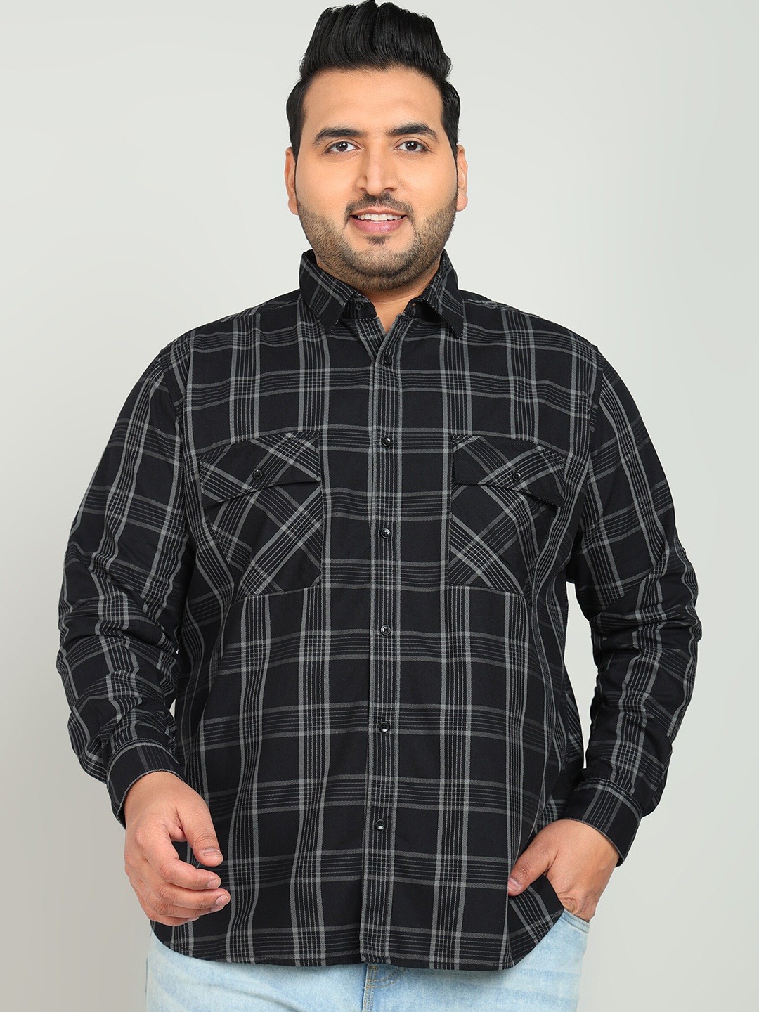 

IVOC Plus Tartan Checked Spread Collar Casual Shirt, Black