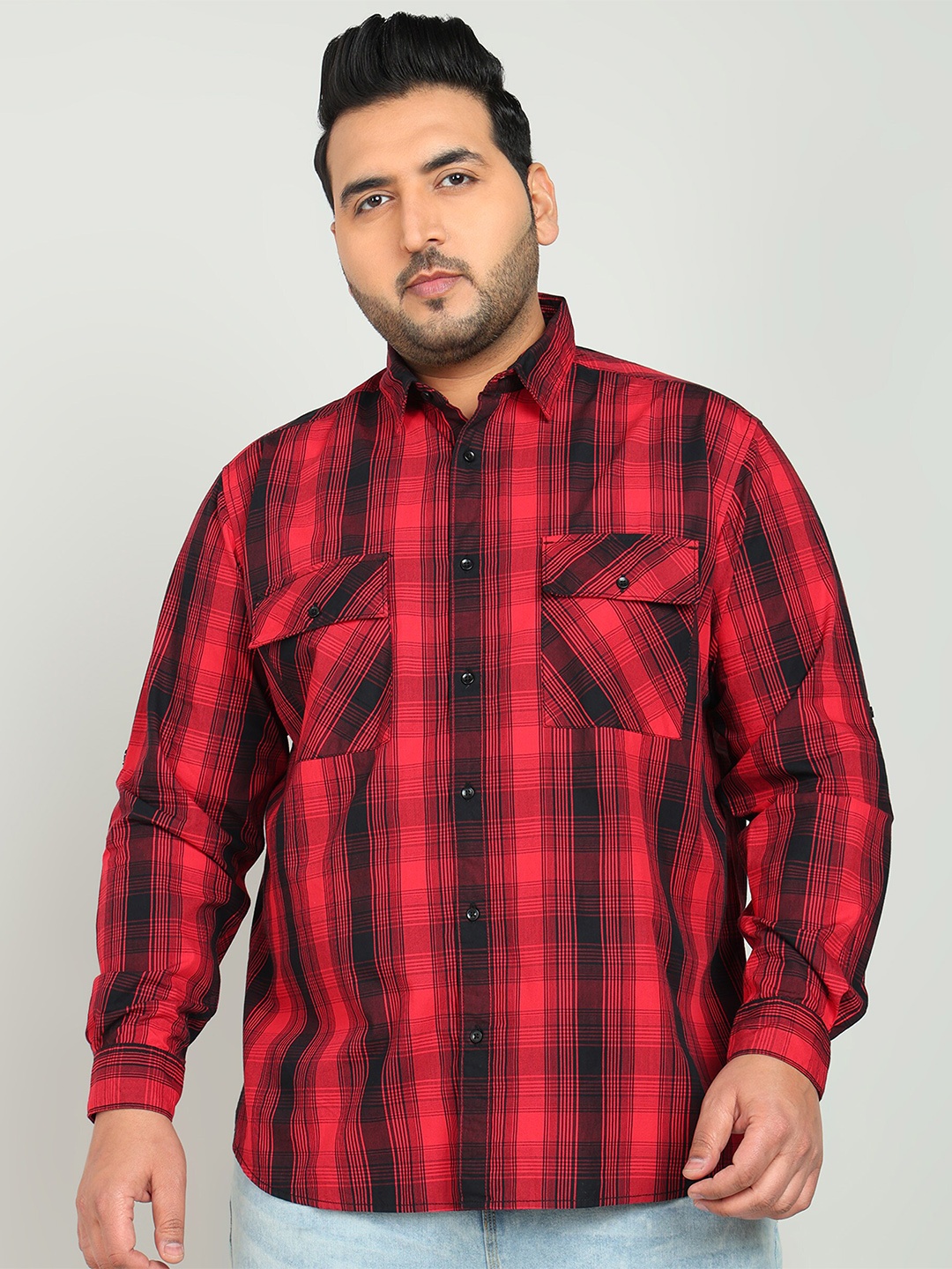

IVOC Plus Tartan Checked Spread Collar Casual Shirt, Red