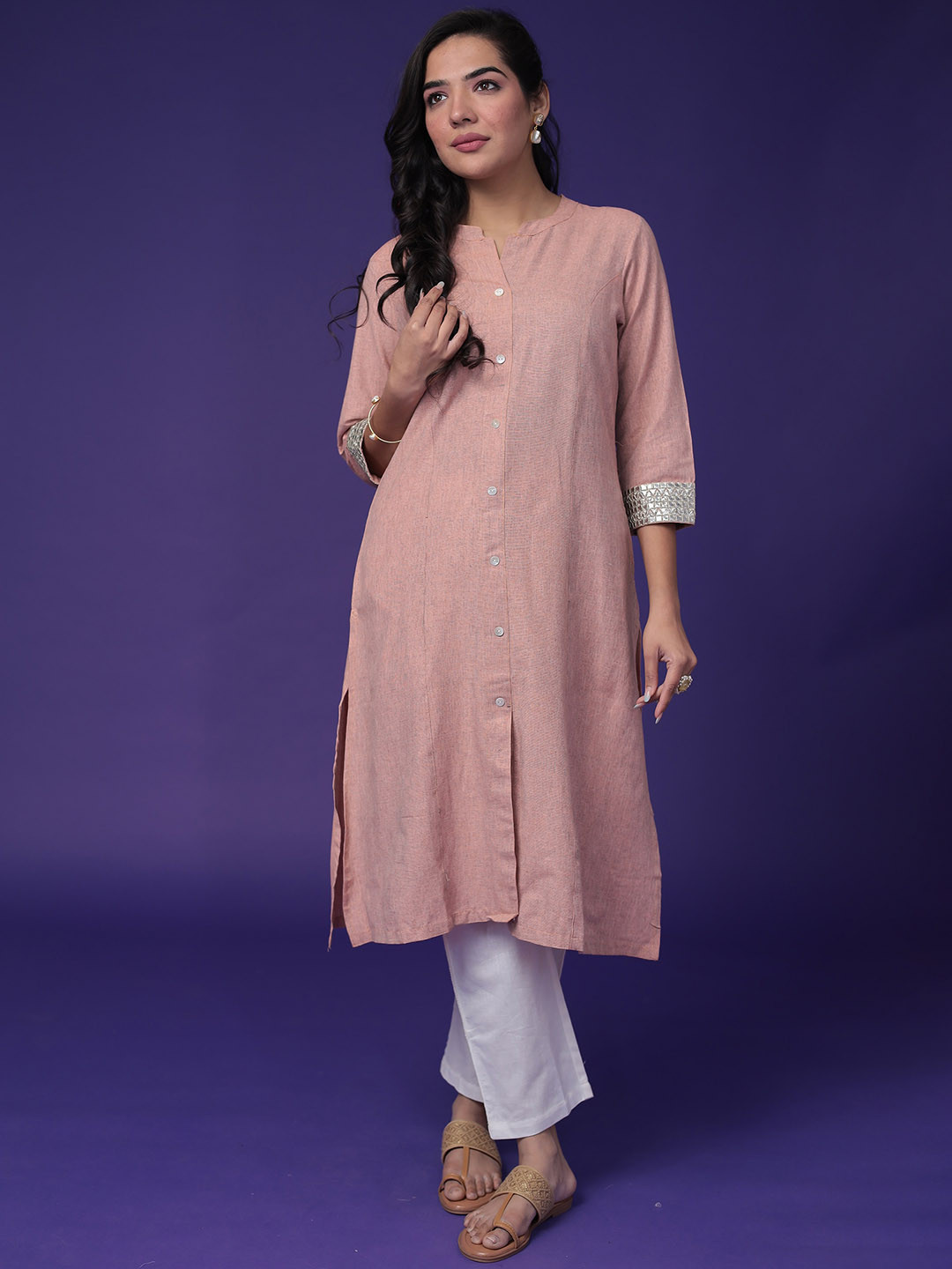 

ZARI Mandarin Collar Three-Quarter Sleeves Calf Length Straight Kurta, Peach