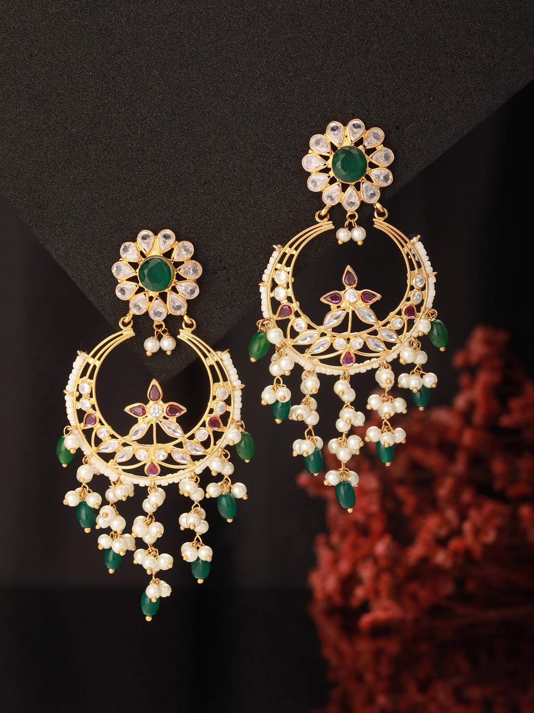 

Saraf RS Jewellery 24K Gold Plated Kundan & Pearl Beaded Bridal Chandbali Earring