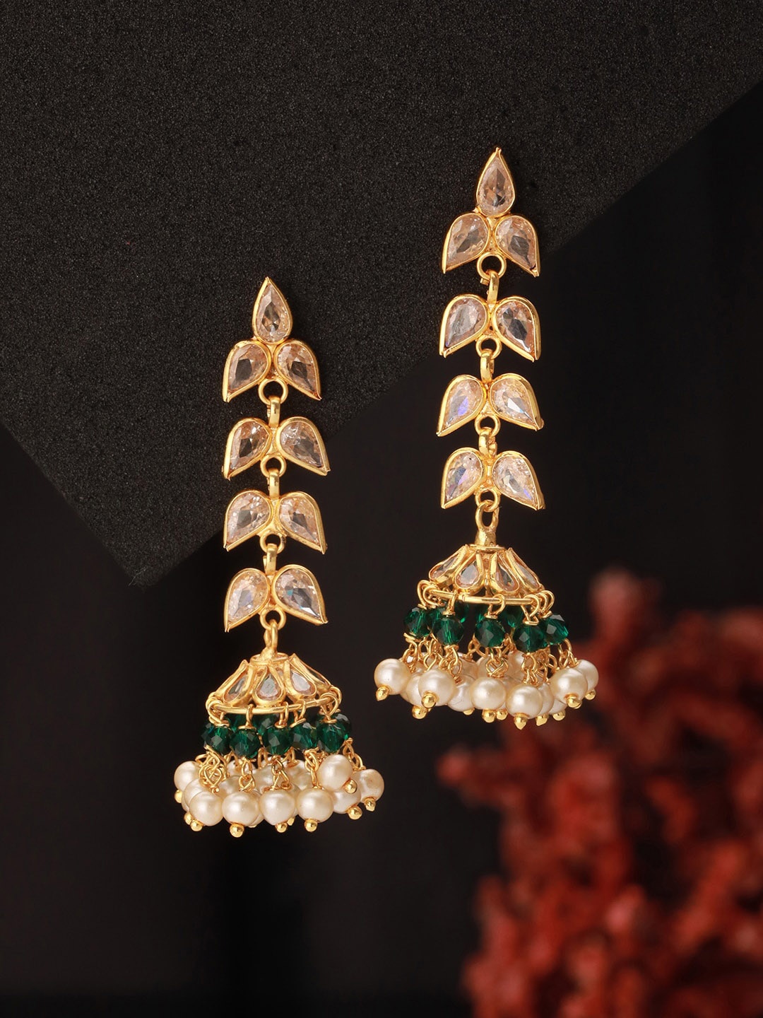 

Saraf RS Jewellery 24K Gold Plated Zircon Studded Pearl Beaded Jhumkas