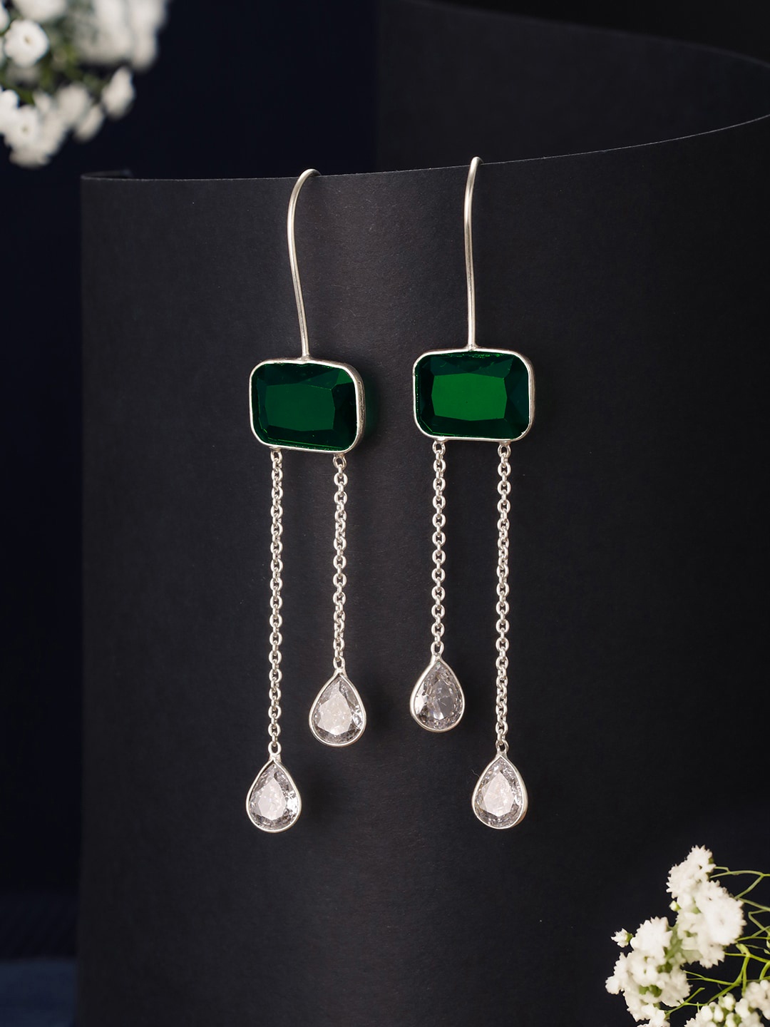 

Saraf RS Jewellery Silver Plated Green Crystal Dropdown Minimal Fishhook Earrings