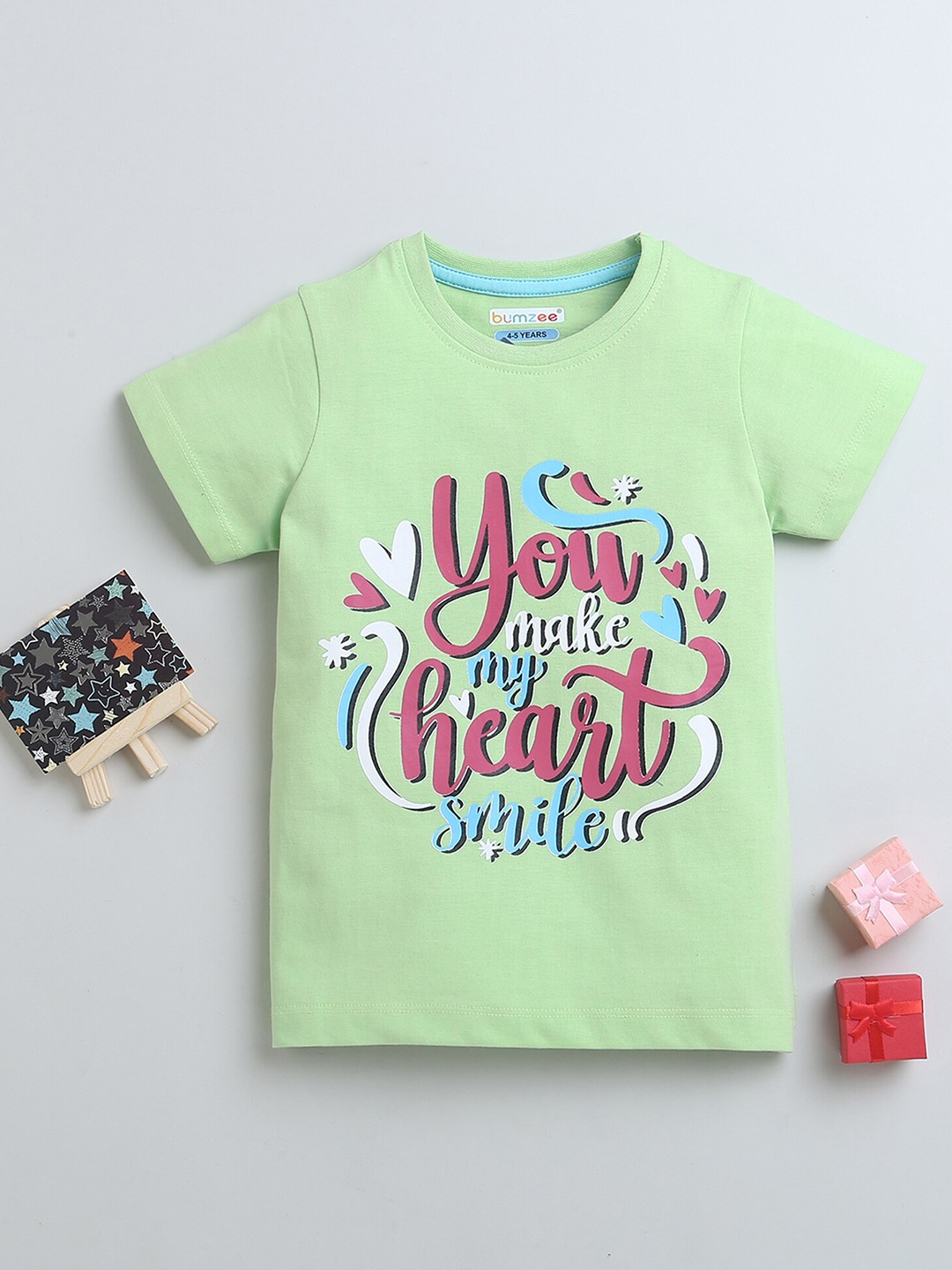 

BUMZEE Girls Typography Printed Round Neck Short Sleeves Cotton Casual T-shirt, Green