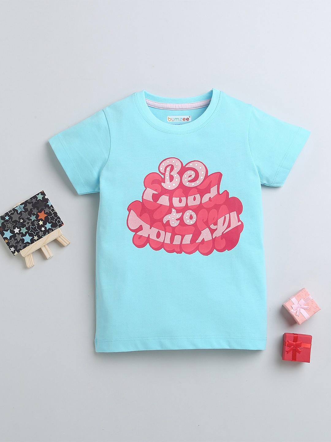 BUMZEE Girls Typography Printed Cotton T-shirt, Blue