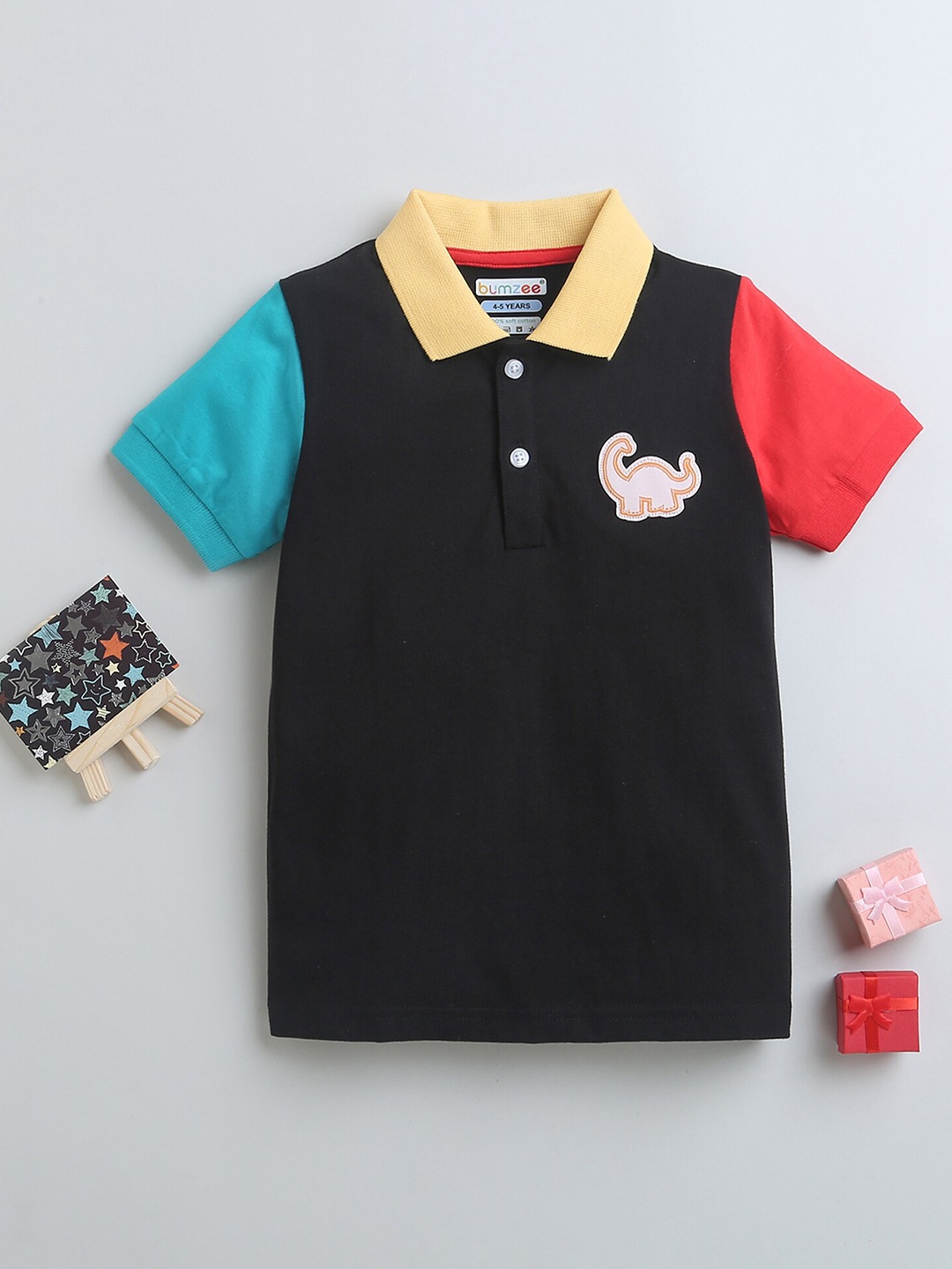 

BUMZEE Boys Colourblocked Polo Collar Cotton T-shirt, Black