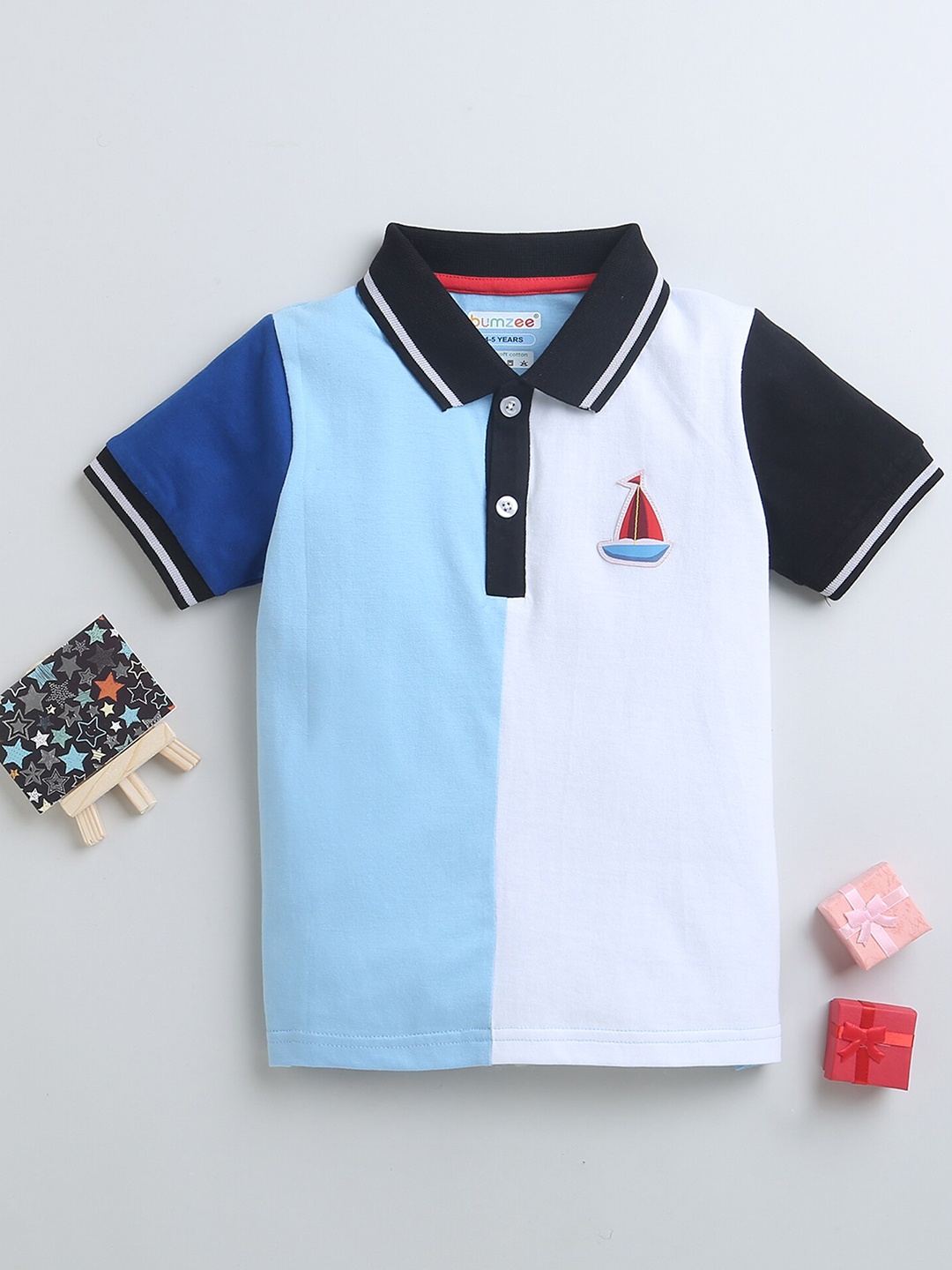 

BUMZEE Boys Colourblocked Polo Collar T-shirt, Blue