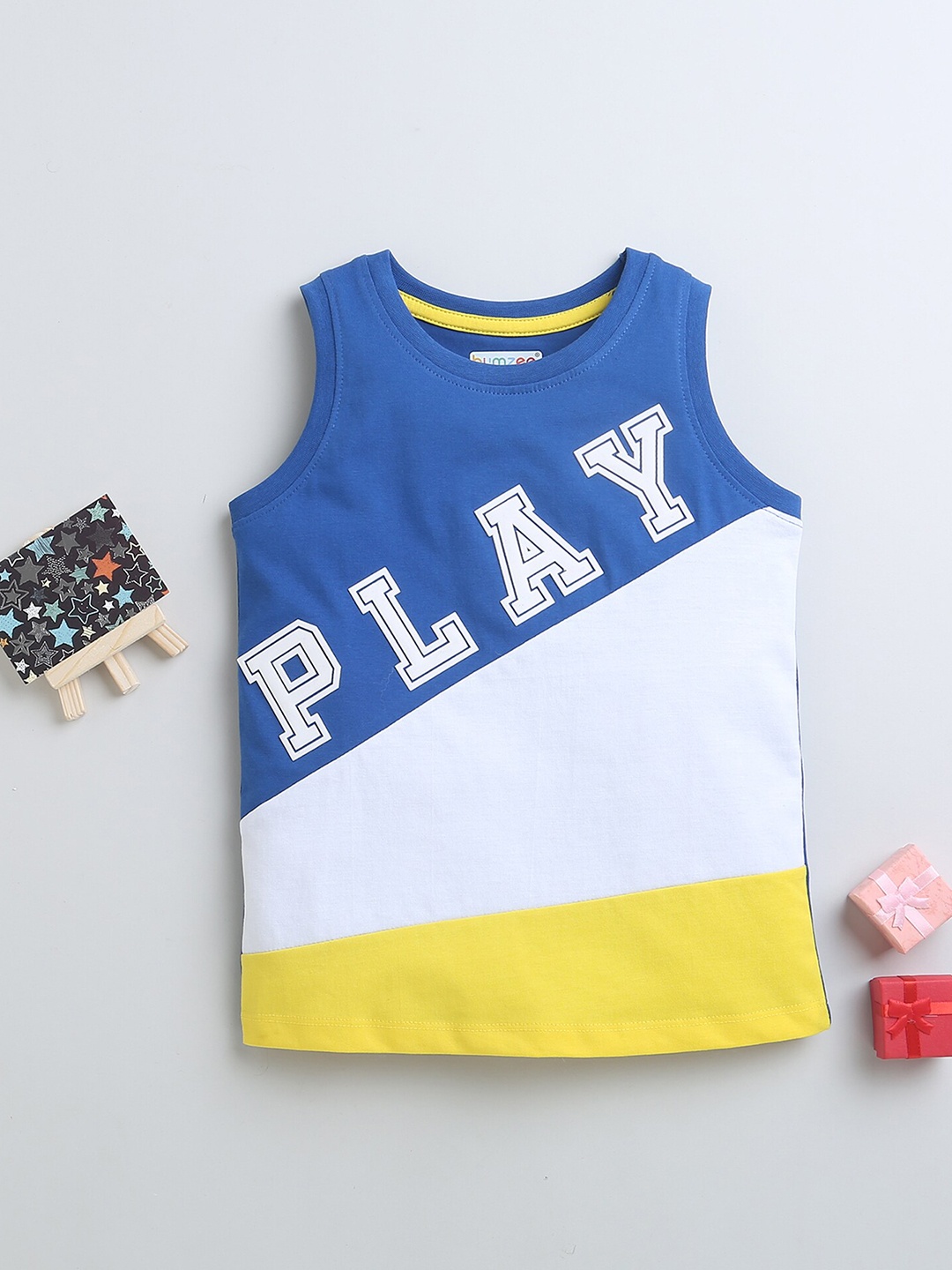 

BUMZEE Boys Typography Printed Round Neck Sleeveless Cotton Casual T-shirt, Blue