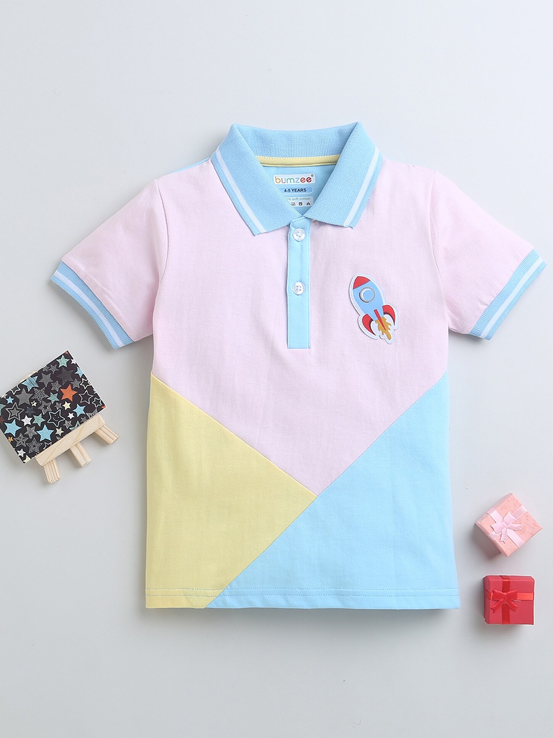 

BUMZEE Boys Polo Collar Colourblocked T-shirt, Pink