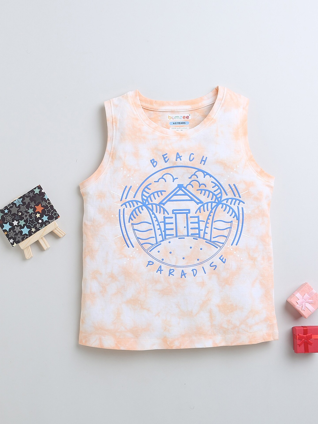 

BUMZEE Boys Typography Printed Round Neck Sleeveless Cotton Casual T-shirt, Peach