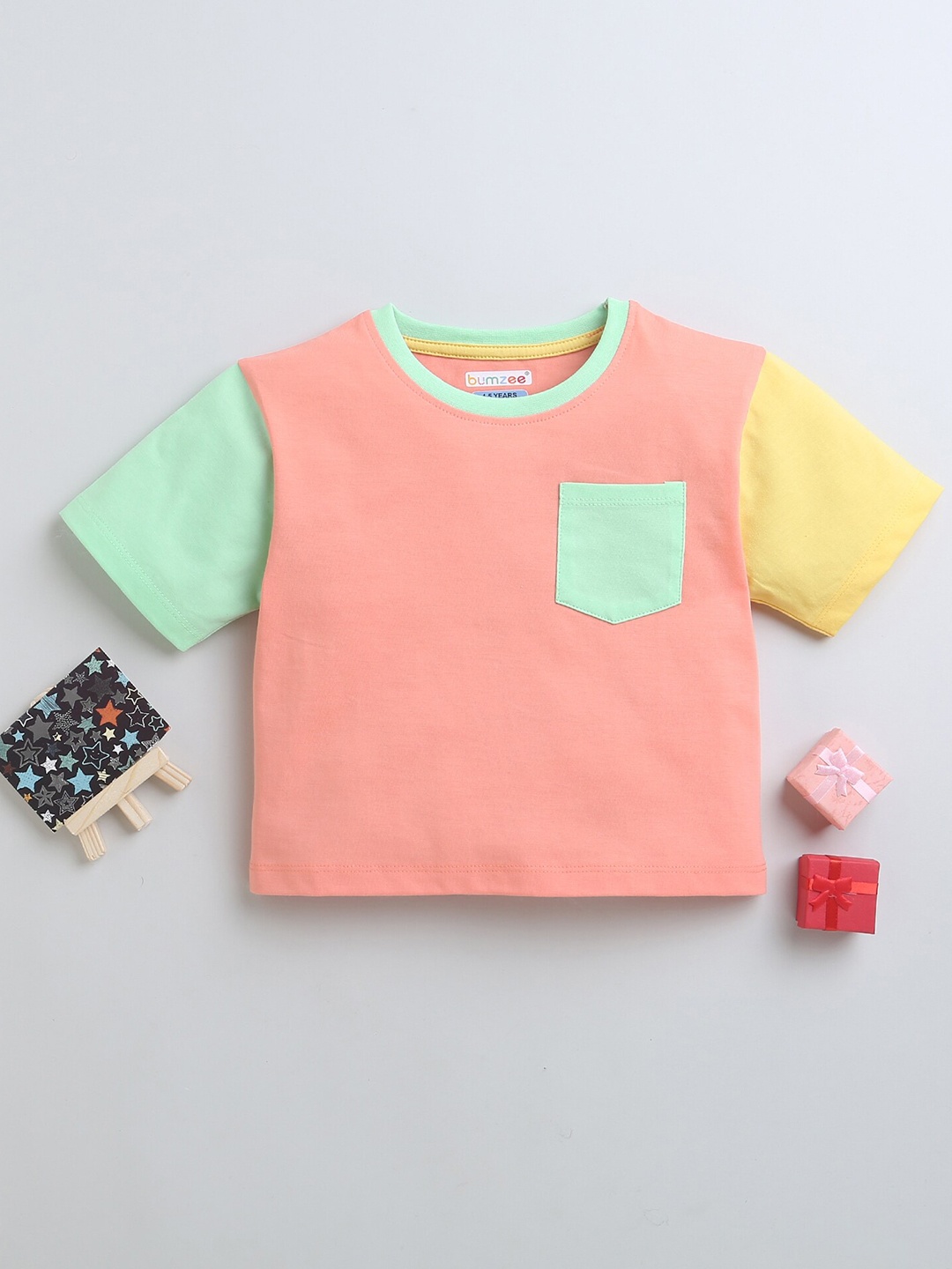 

BUMZEE Girls Colourblocked Oversized T-shirt, Peach