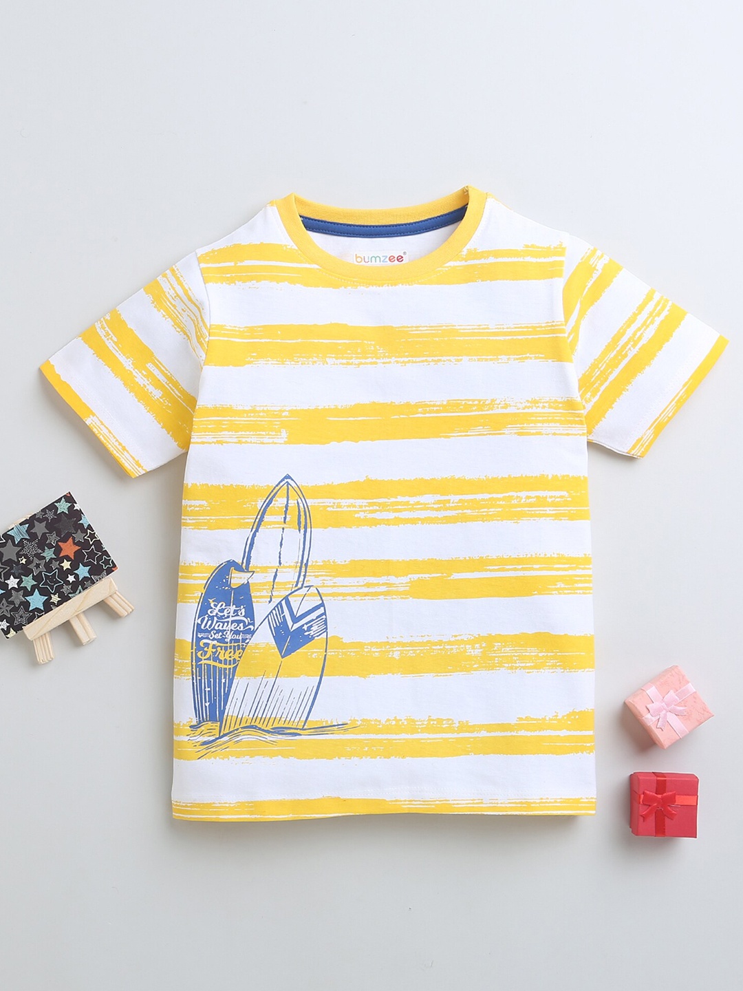 

BUMZEE Boys Striped Cotton T-shirt, Yellow