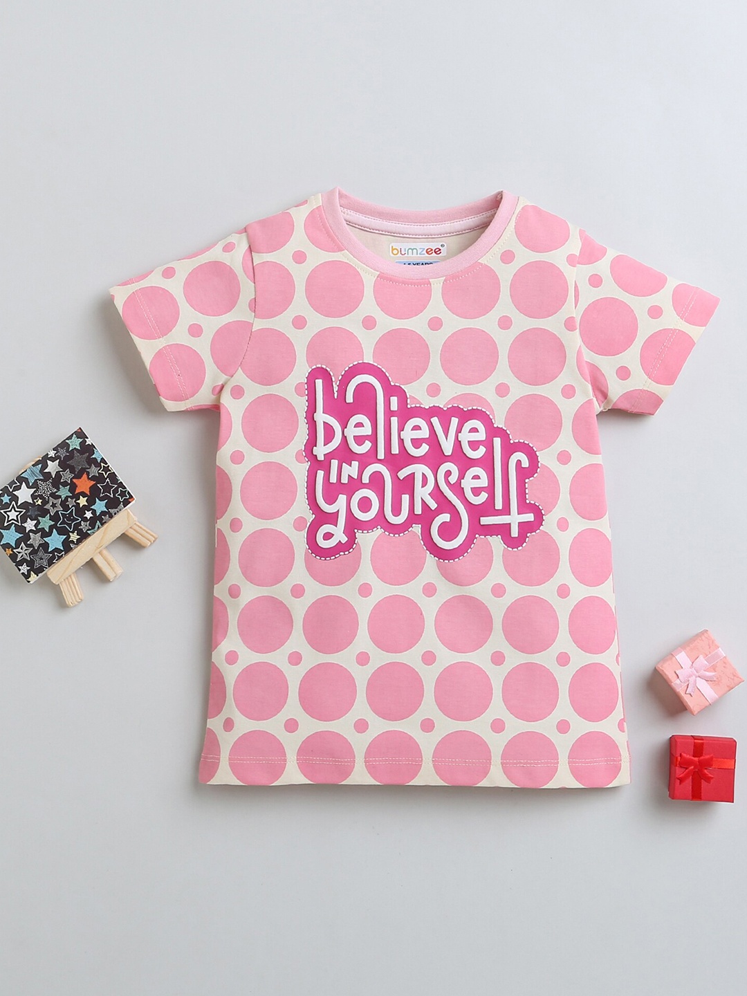 

BUMZEE Girls Printed Cotton T-shirt, Peach