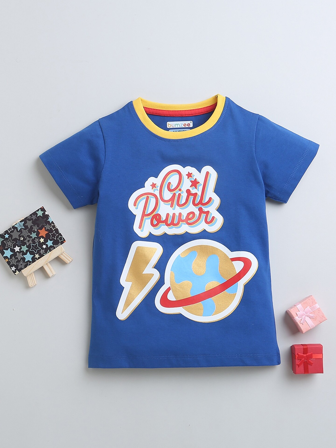 

BUMZEE Girls Typography Printed Cotton T-shirt, Blue