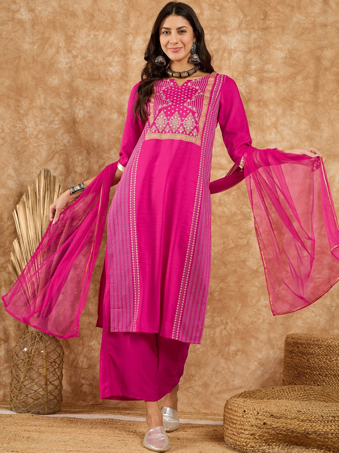 

KALINI Ethnic Motifs Yoke Design Regular Kurta with Palazzos & Dupatta, Pink