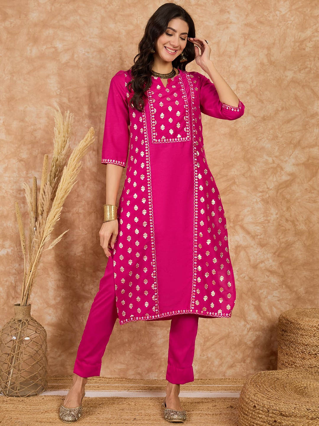 

KALINI Notched Neck Ethnic Printed Straight Kurta with Trouser, Pink