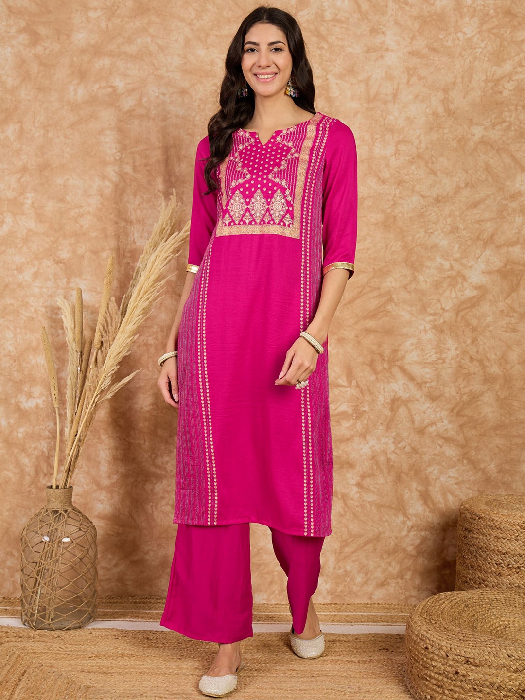 

KALINI Ethnic Motifs Printed Notched Neck Kurta with Palazzo, Pink
