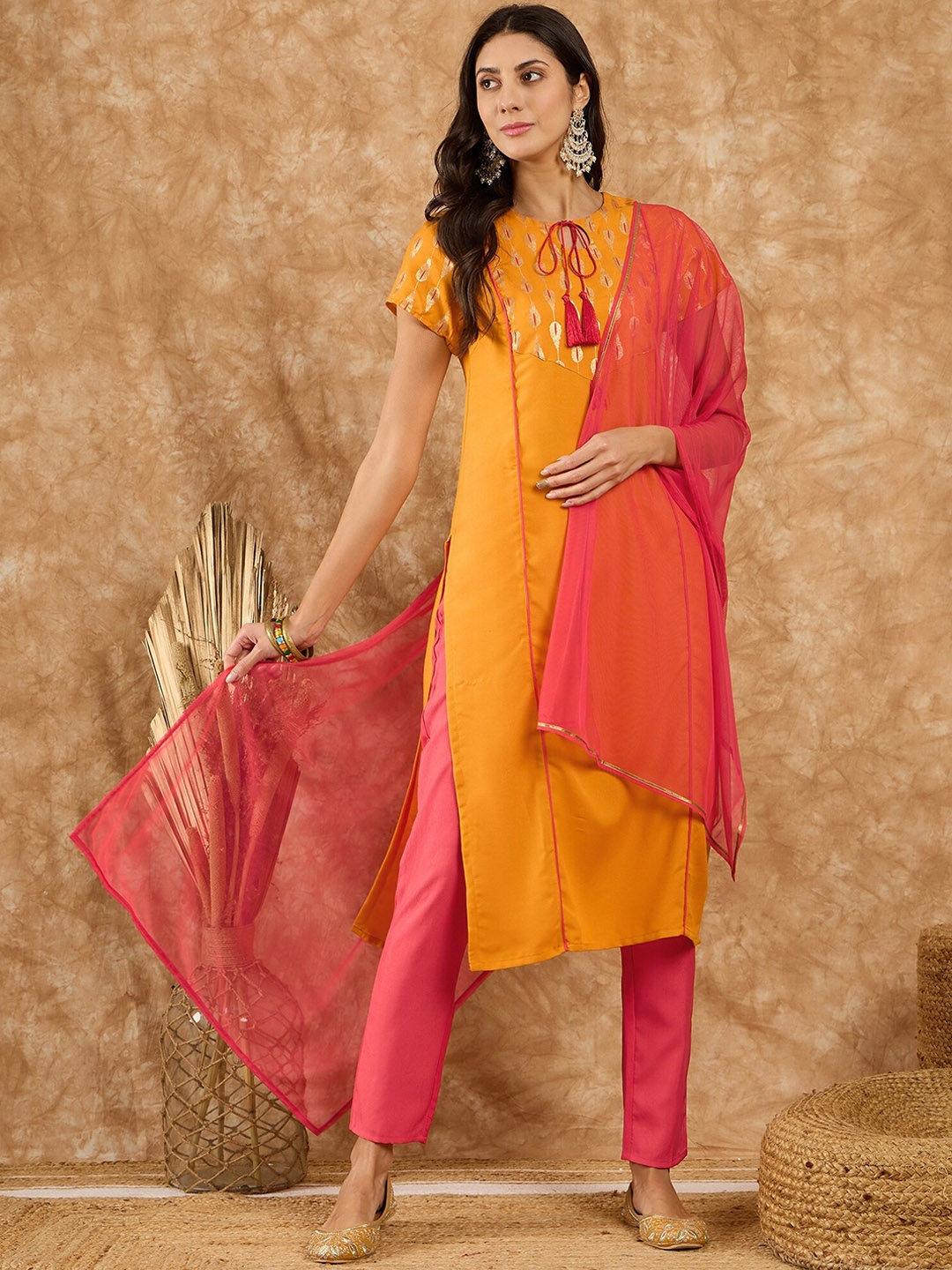 

KALINI Tie-Up Neck Floral Printed Regular Kurta with Trousers & With Dupatta, Mustard