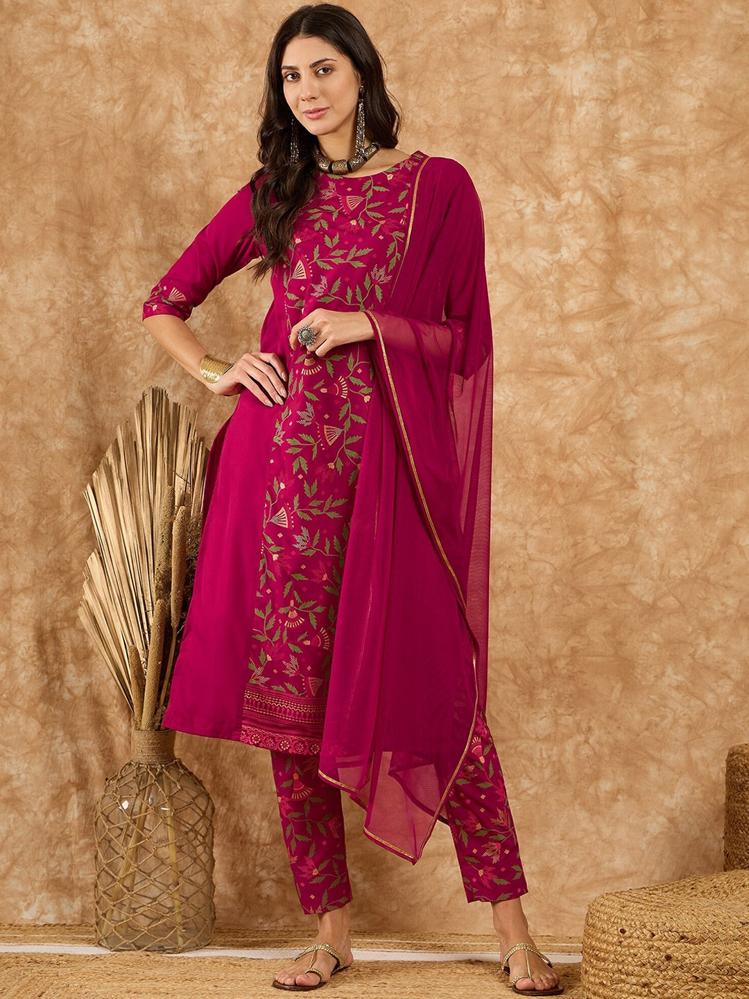 

KALINI Round Neck Floral Printed Straight Kurta with Trouser & Dupatta, Maroon