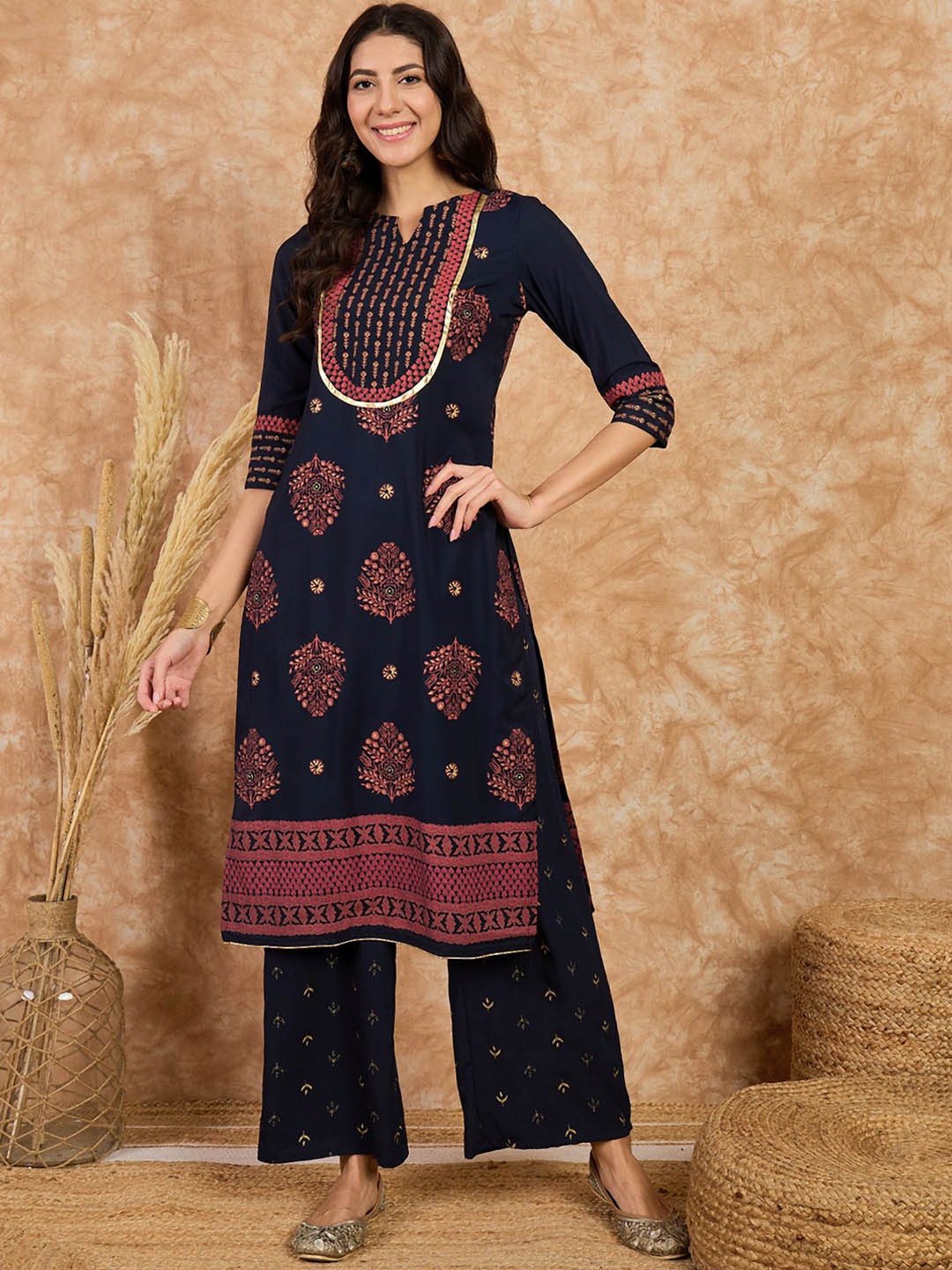 

KALINI Floral Printed Notch Neck Straight Kurta with Palazzos, Blue