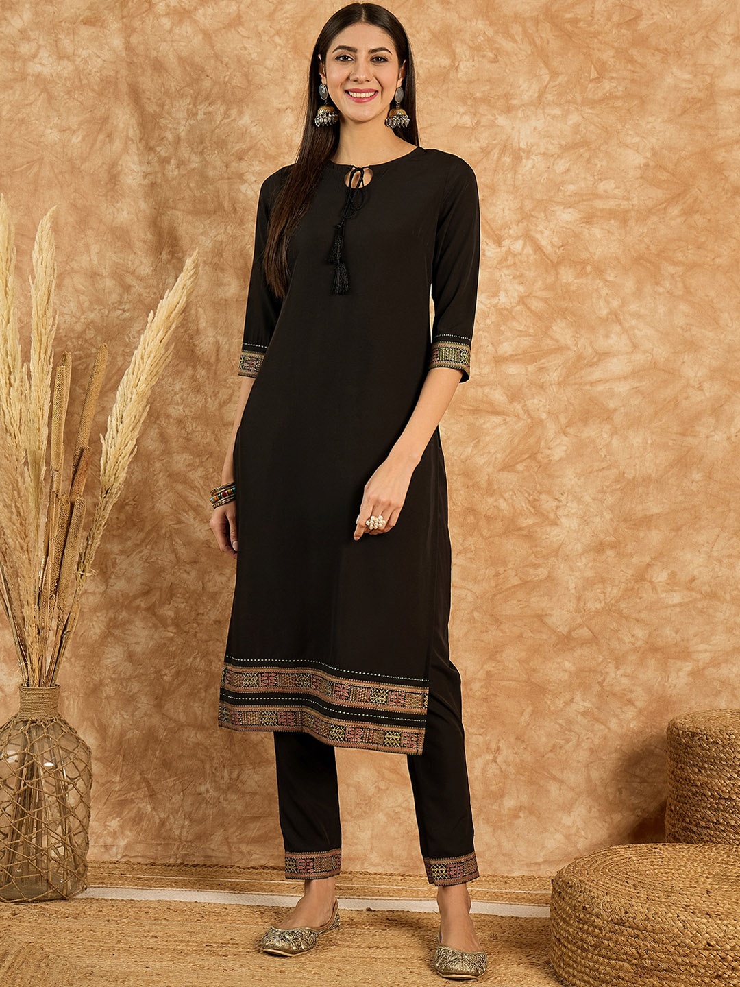 

KALINI Tie Up Neck Straight Kurta with Trouser, Black