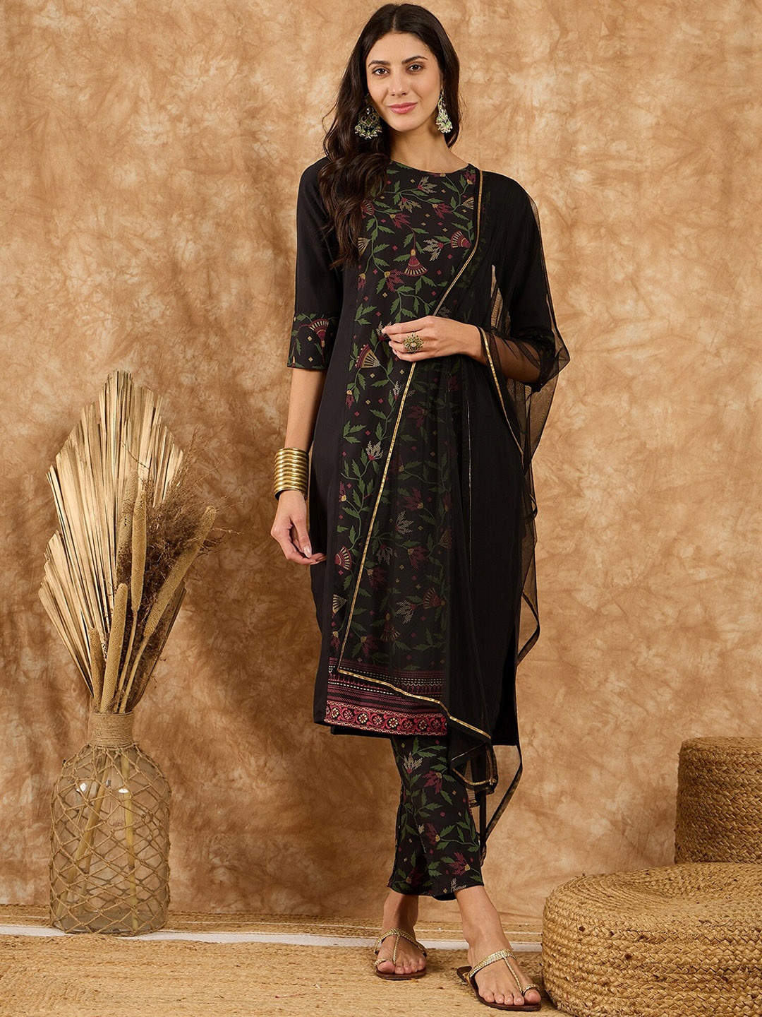 

KALINI Round Neck Floral Printed Straight Kurta with Trouser & Dupatta, Black