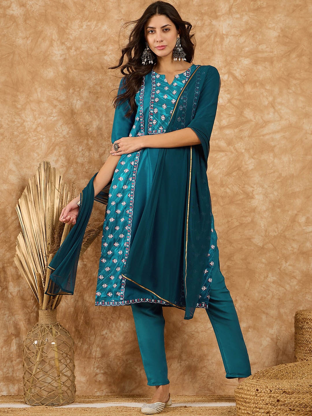

KALINI Floral Printed Straight Kurta With Trousers & Dupatta, Blue