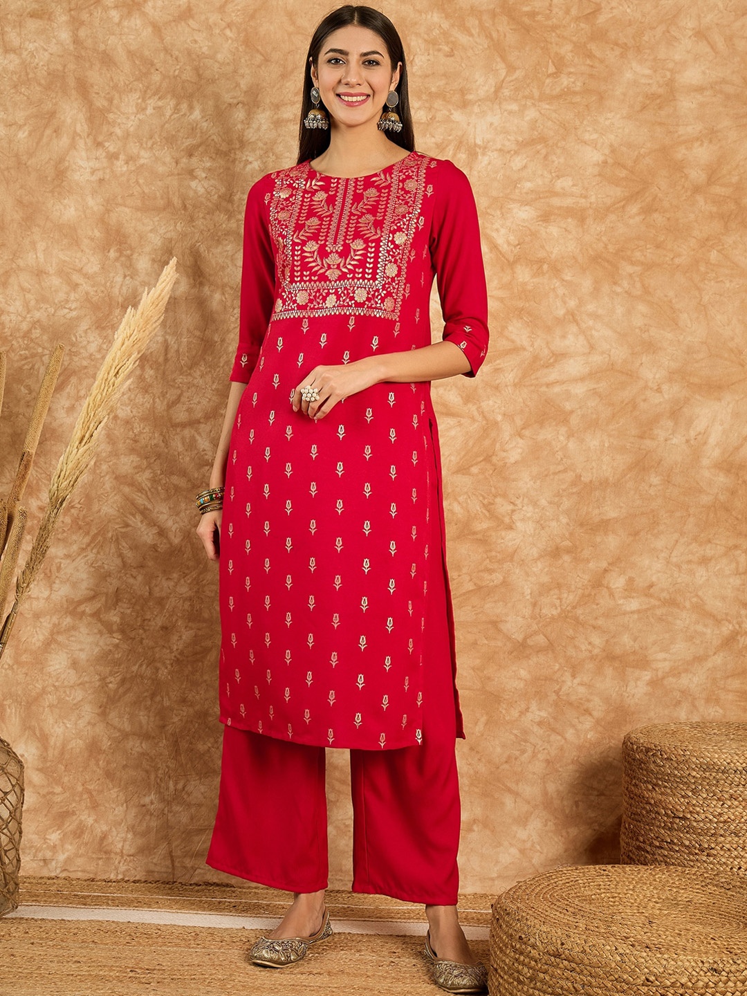 

KALINI Floral Printed Regular Thread Work Kurta with Palazzos, Red