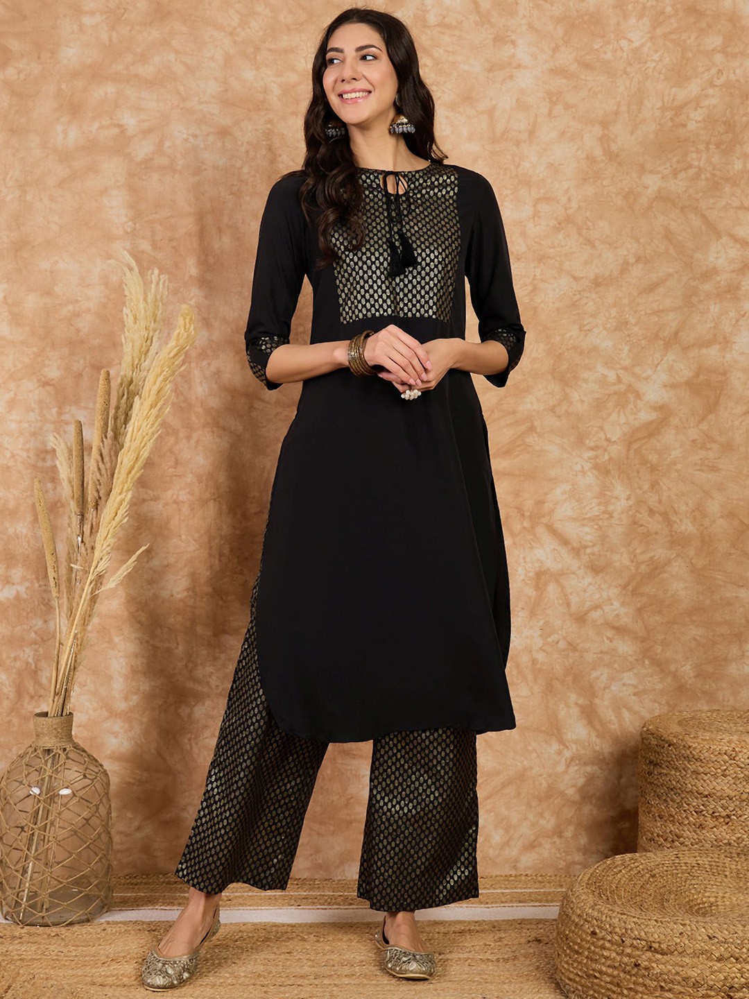 

KALINI Ethnic Motifs Yoke Design Tie-Up Neck Straight Kurta With Palazzos, Black