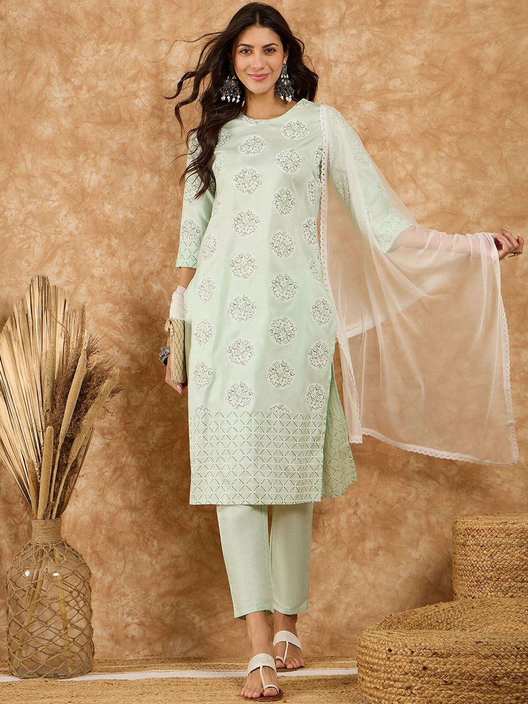 

KALINI Round Neck Floral Printed Straight Kurta with Trouser & Dupatta, Green