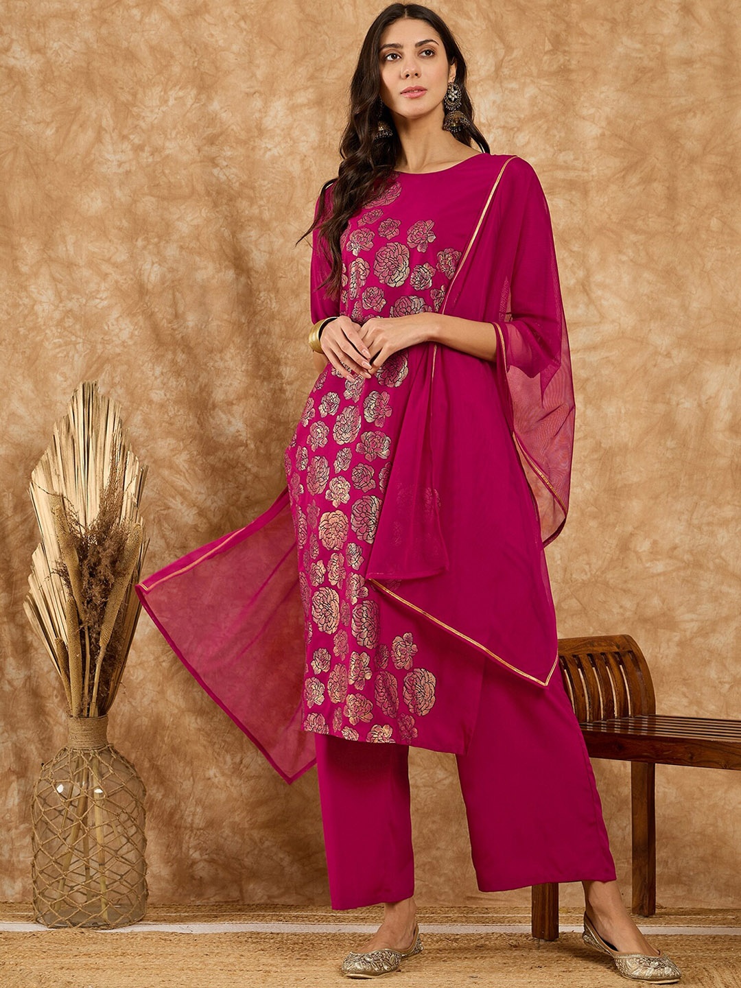 

KALINI Floral Printed Printed Straight Kurta with Palazzos & With Dupatta, Pink