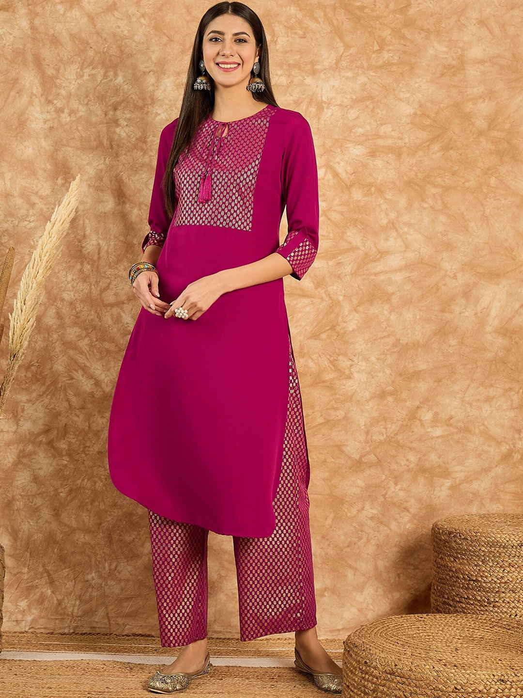 

KALINI Ethnic Motifs Yoke Design Tie-Up Neck Straight Kurta With Palazzos, Pink