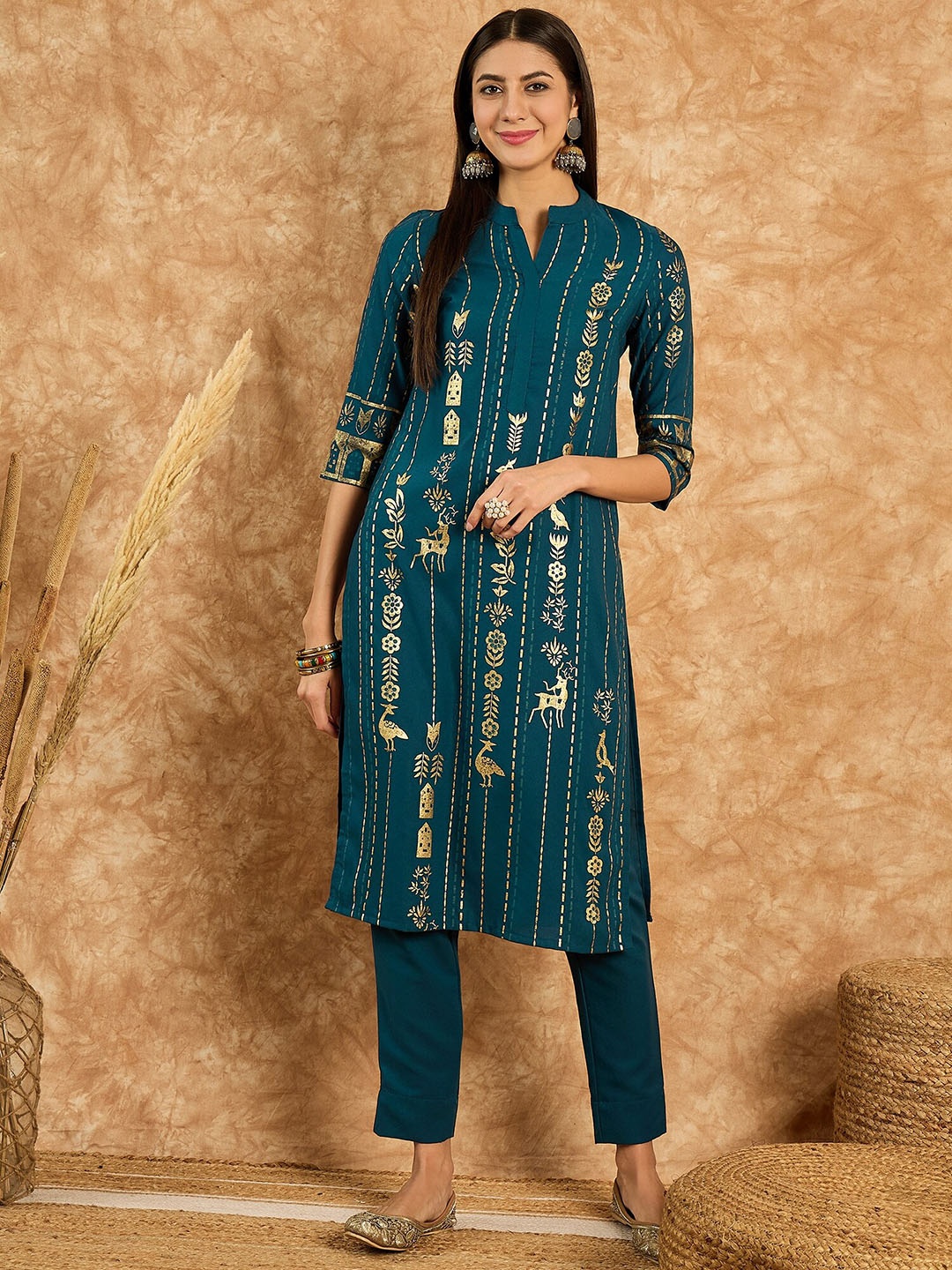 

KALINI Ethnic Motifs Printed Mandarin Collar Chinon Straight Kurta With Trouser, Teal