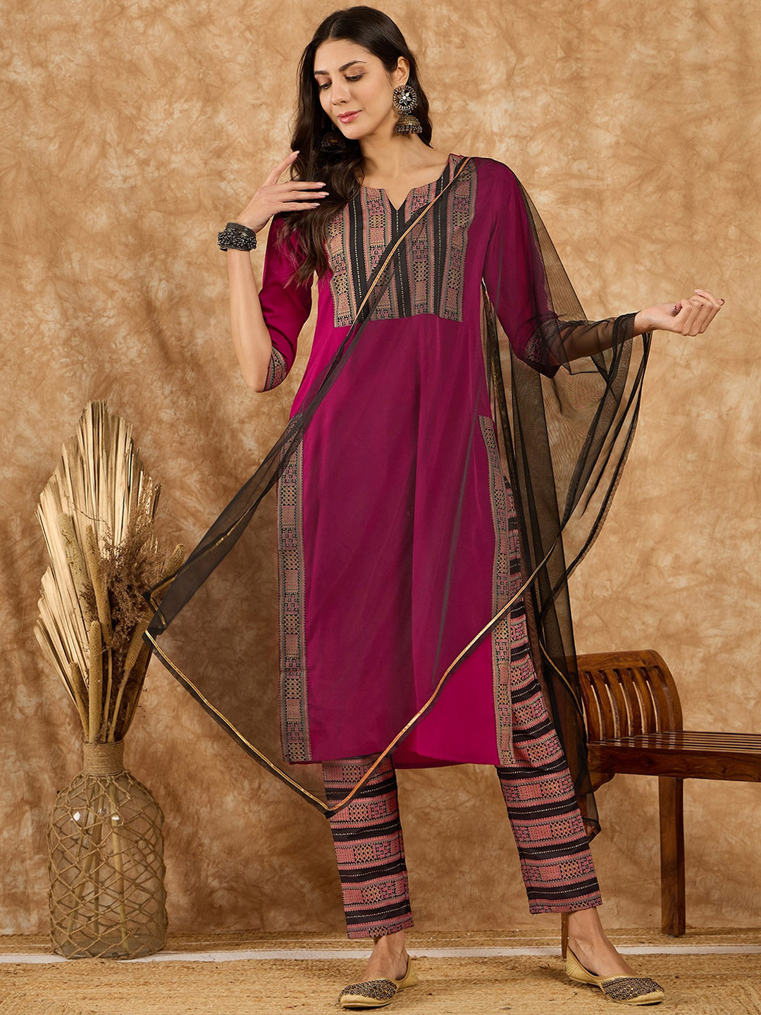 

KALINI Ethnic Motifs Yoke Design Straight Kurta With Trousers & Dupatta, Pink