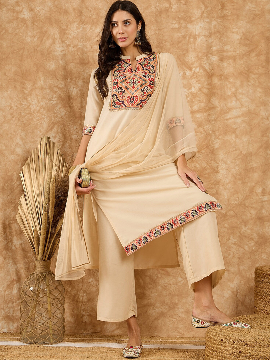 

KALINI Ethnic Motifs Yoke Design Mandarin Collar Straight Kurta With Palazzos & Dupatta, Cream