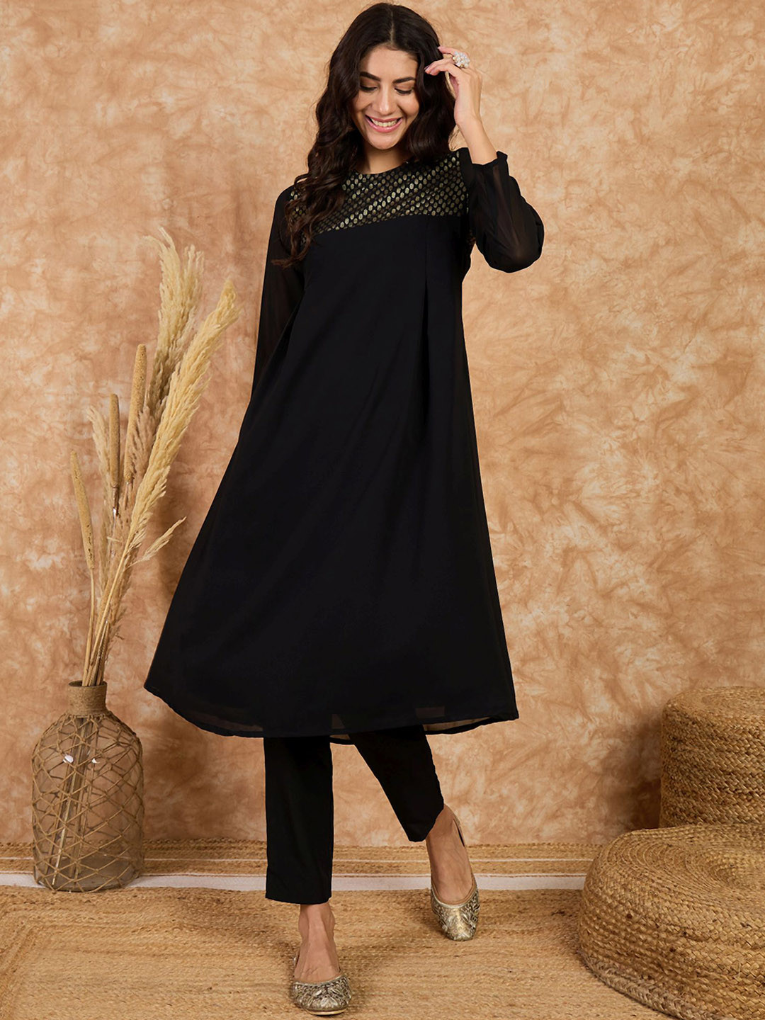 

KALINI Ethnic Motifs Yoke Design Round Neck Georgette A Line Kurta With Trousers, Black
