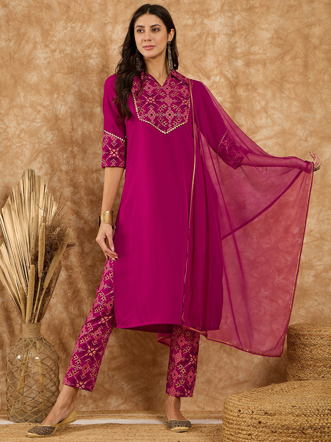 

KALINI Ethnic Motifs Yoke Design Gotta Patti Straight Kurta With Trousers & Dupatta, Magenta