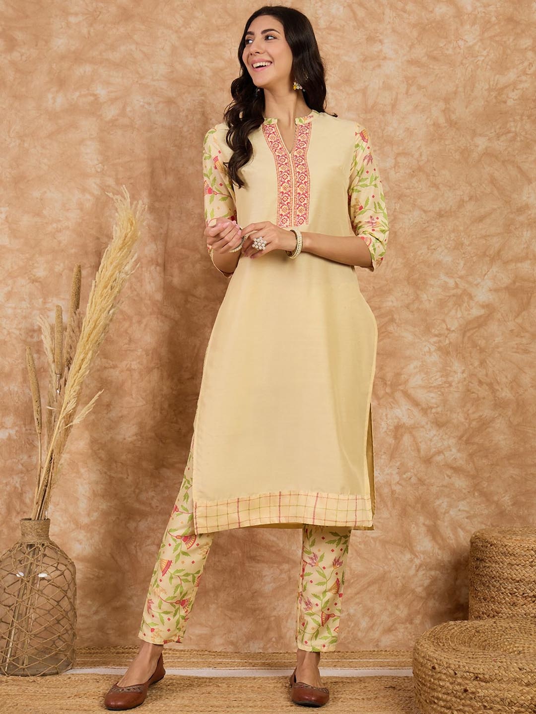 

KALINI Mandarin Collar Ethnic Motifs Printed Regular Kurta with Trousers, Cream