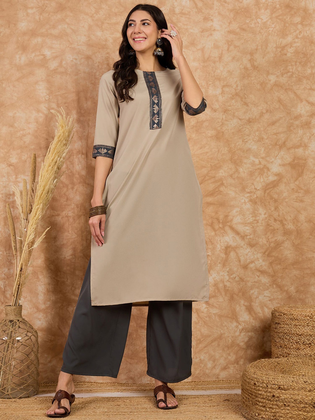 

KALINI Floral Yoke Design Round Neck Straight Kurta With Palazzos, Beige