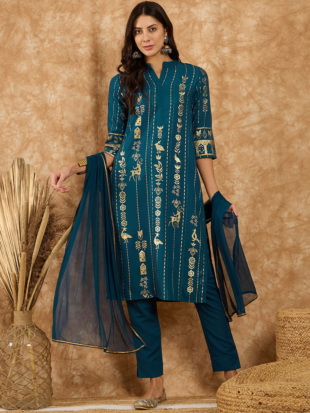 

KALINI Floral Printed Mandarin Collar Straight Kurta With Trousers & Dupatta, Teal