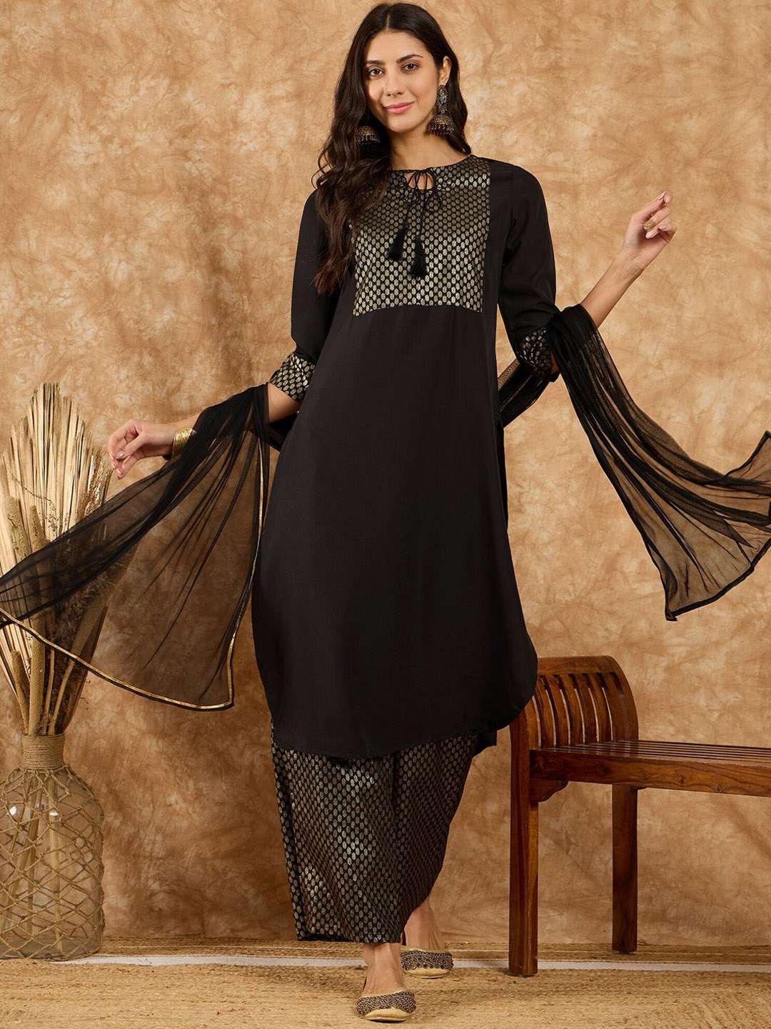 

KALINI Tie Up Neck Ethnic Motifs Yoke Design Straight Kurta with Palazzo & Dupatta, Black