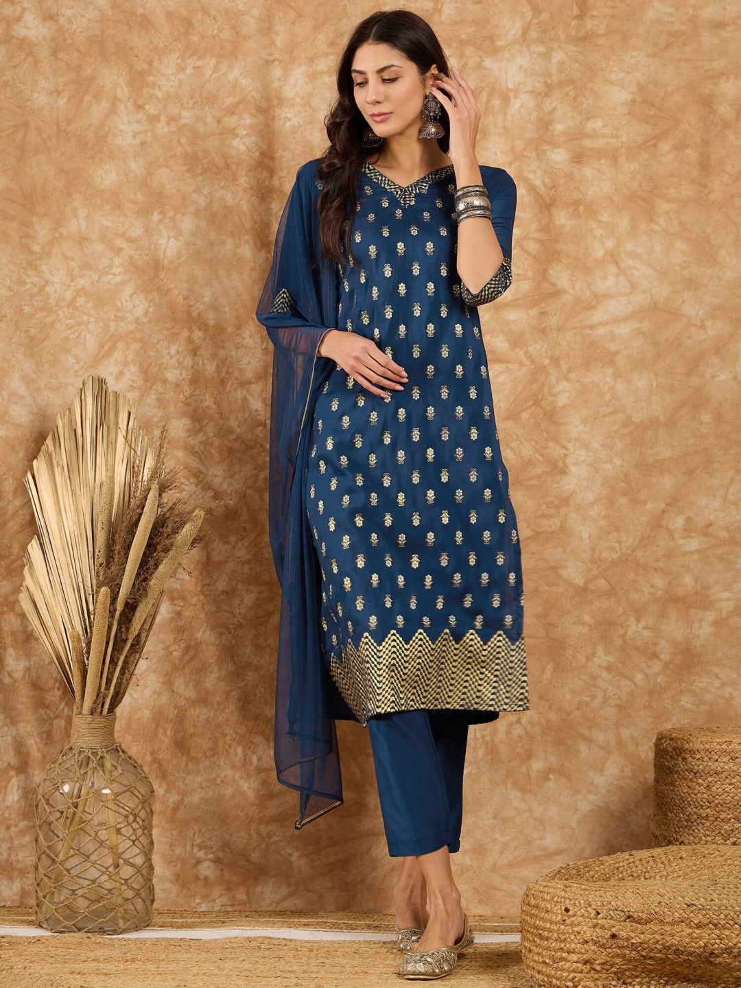 

KALINI Ethnic Motifs Printed Straight Kurta with Trousers & Dupatta, Blue