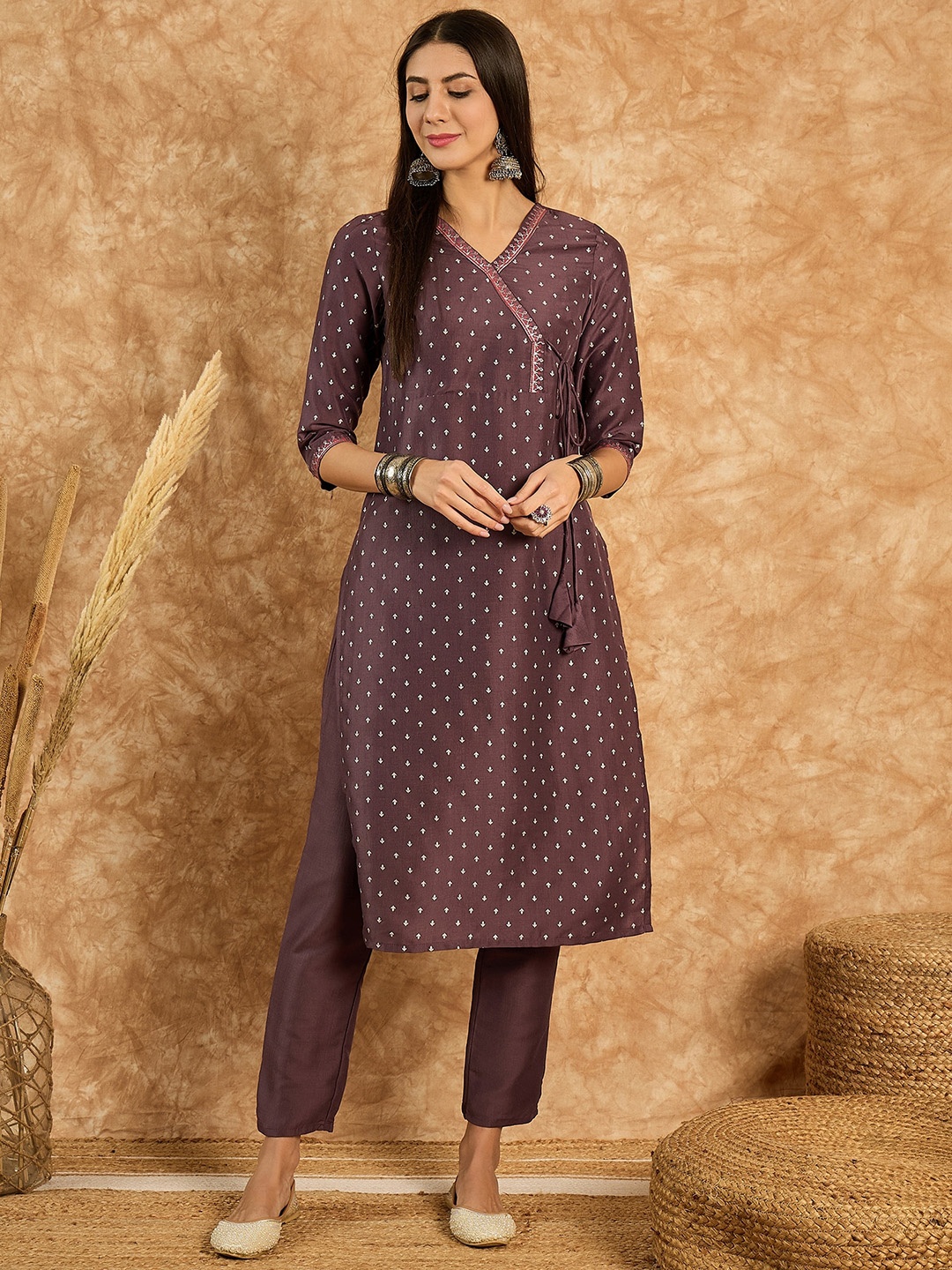 

KALINI V Neck Ethnic Motifs Printed Angrakha Kurta with Trousers, Purple