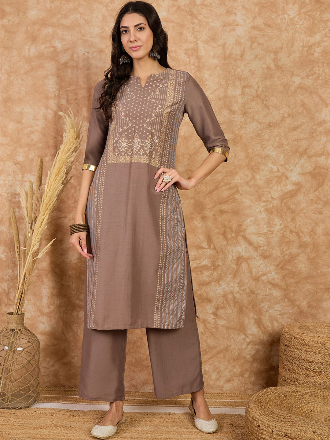 

KALINI Notched Neck Ethnic Motifs Printed Straight Kurta with Palazzo, Brown