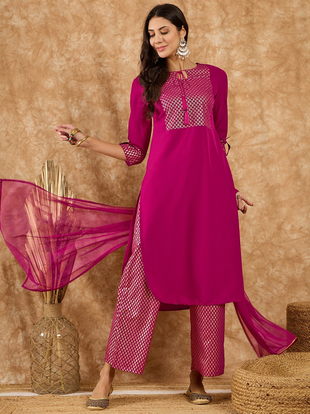 

KALINI Tie-Up Neck Ethnic Motifs Yoke Design Regular Kurta with Palazzos & With Dupatta, Pink